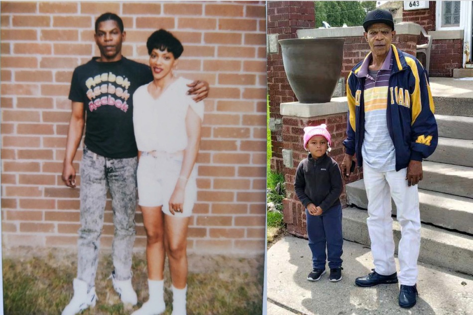 Left image: Zerious pictured with his sister as a young teenager. Right image: Zerious pictured with his granddaughter in 2020.